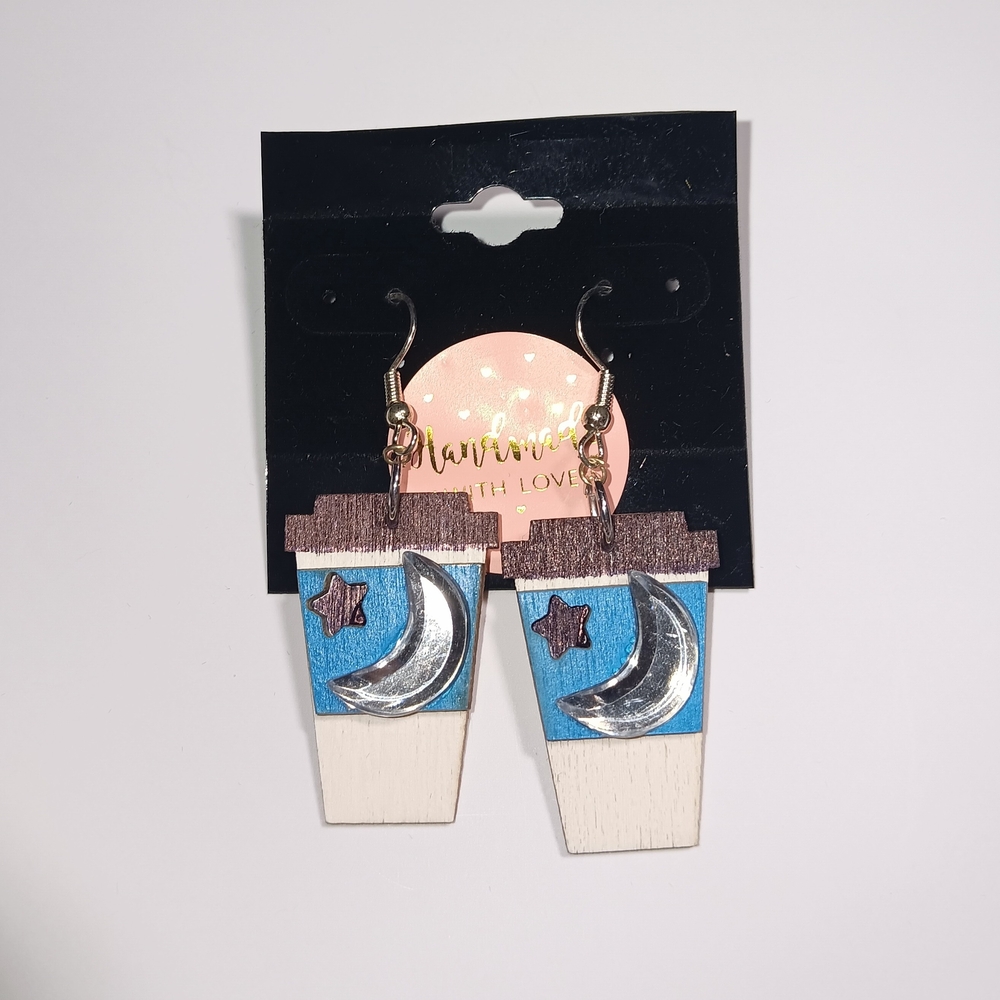 HANDMADE Blue & Black w/ Silver Moon Wooden Travel To-go Coffee Cup Earrings